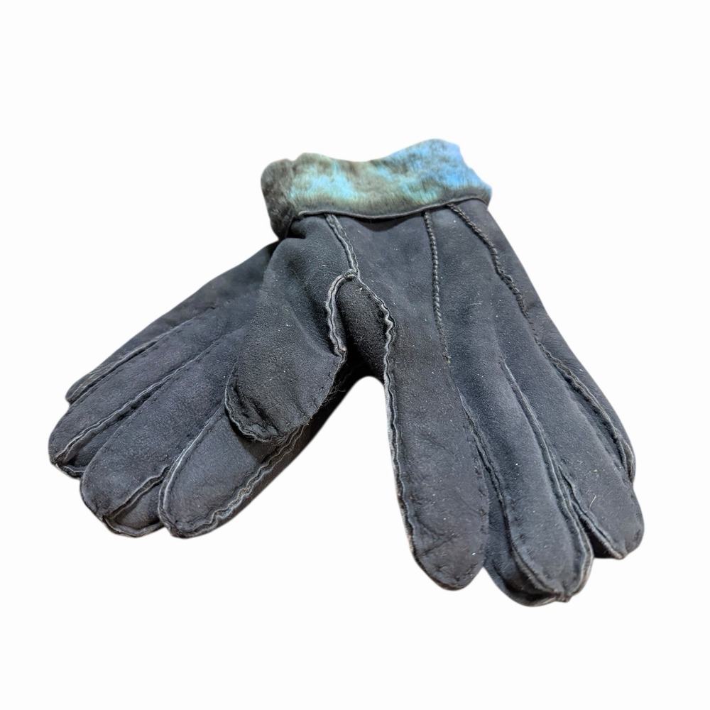 Black‎ Genuine Lamb Fur Skin Shearling Suede Gloves with Blue Teal Trim